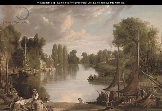 A river landscape at dusk, with figures unloading a barge in the foreground - (after) James Webb