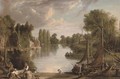 A river landscape at dusk, with figures unloading a barge in the foreground - (after) James Webb