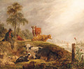 Herdsmen With Cattle And Sheep Resting By A River - (after) James Ward