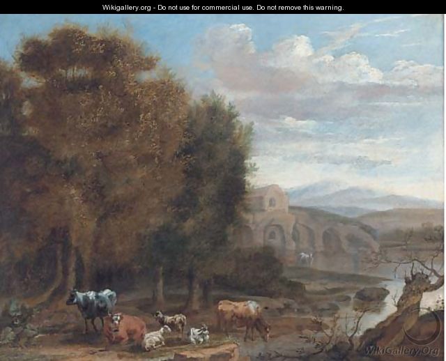 Cattle and goats resting by a lake - (after) James Stark