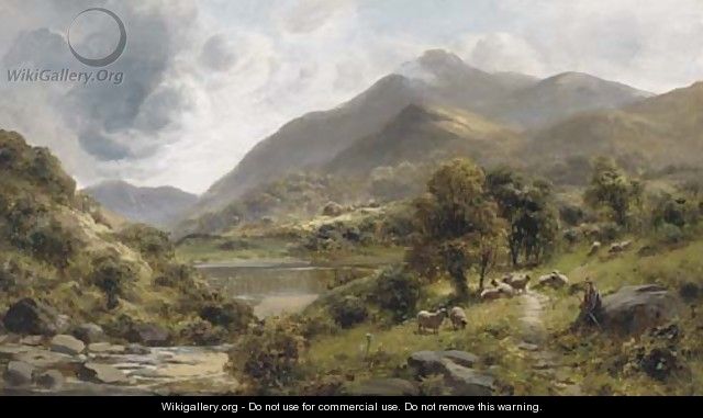 A shepherd with his flock in a lake landscape - (after) James Peel
