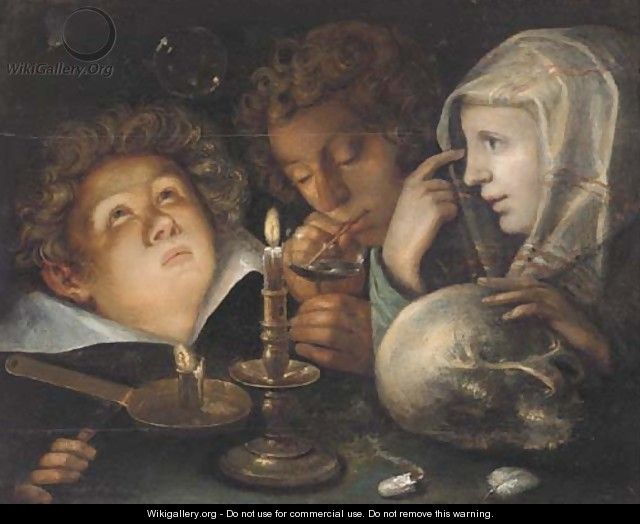 A vanitas allegory Homo Bulla Est, a boy blowing bubbles while another watches and a young woman holds a skull by candlelight - (after) Jacob De II Gheyn
