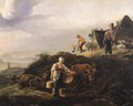 A milkmaid on a river bank, with travellers on a road by a farm in the dunes - (after) Jan Wouwerman