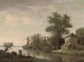 A landscape with houses by a river and figures in boats - (after) Jan Wils