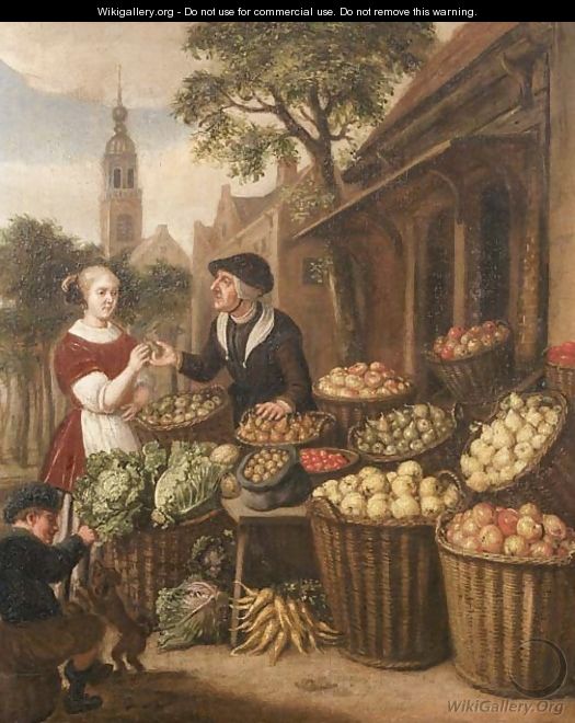 An elegant woman by a fruit and vegetable stall in a town square - (after) Jan Victors