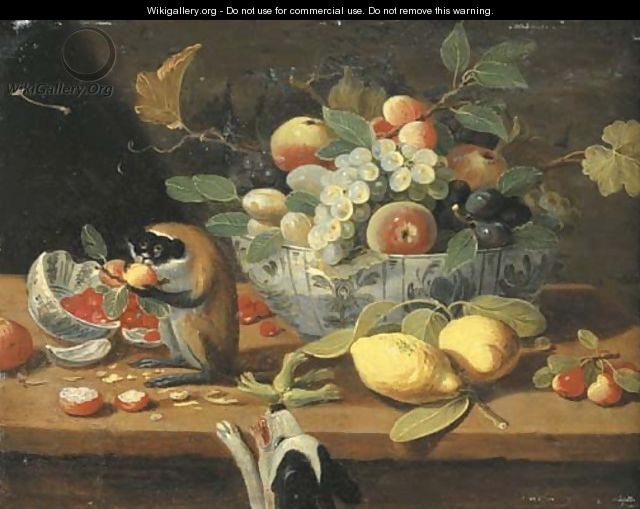 Grapes, plums and other fruit in a bowl, lemons and other fruit on a ledge with a monkey, a dog below - (after) Jan Van, The Younger Kessel