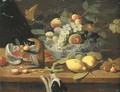 Grapes, plums and other fruit in a bowl, lemons and other fruit on a ledge with a monkey, a dog below - (after) Jan Van, The Younger Kessel