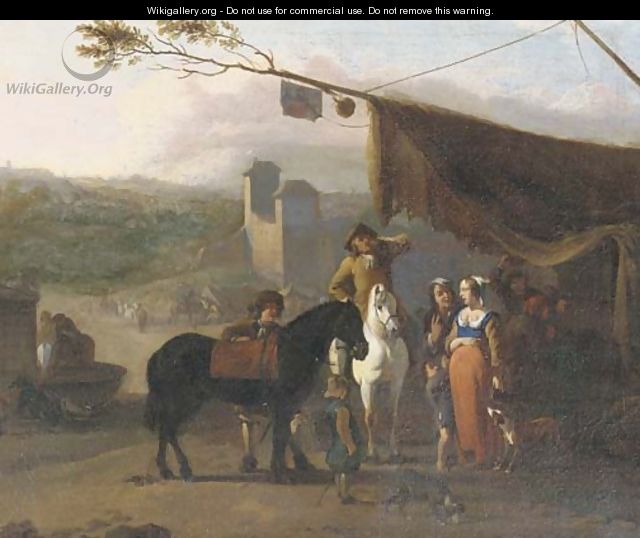 Travellers on horseback taking refreshments at an encampment near a fortified town, a water-basin with horses drinking nearby - (attr.to) Huchtenburg, Jan van