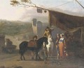 Travellers on horseback taking refreshments at an encampment near a fortified town, a water-basin with horses drinking nearby - (attr.to) Huchtenburg, Jan van