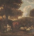 A wooded landscape with herdsmen and cattle resting - (after) Jan Van Der Bent