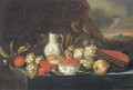 Grapes, plums, figs, pears, peaches, oranges, a melon, a kraak porcelain bow - (after) Jan Pauwel The Elder Gillemans