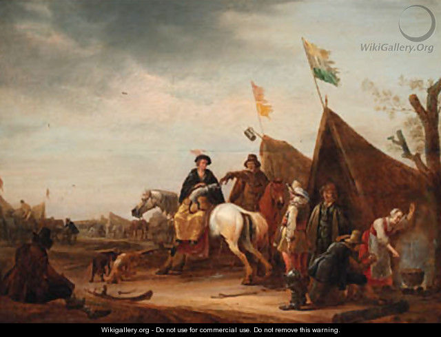 A military encampment with a lady on horseback before a tent - (after) Jacob Martsen De Jonge