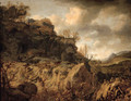 An extensive mountainous landscape with a huntsman and travellers on a path beyond - (after) Jan Looten