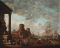 A Mediterranean harbour with moored men-'o-war and other shipping with oriental merchants and stevedores on a quay - (after) Johann Georg Stuhr
