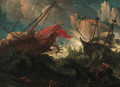 A galley and a man-'o-war in stormy seas off a rocky coastline - (after) Johann Anton Eismann