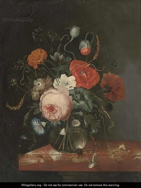 A rose, a peony, a carnation, convolvulus and other flowers in a glass vase - (after) Johann Adalbert Angermayer