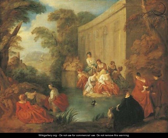 Ladies bathing at a pool before a rococo pavilion, in a wooded clearing - (after) Jean-Baptiste Joseph Pater