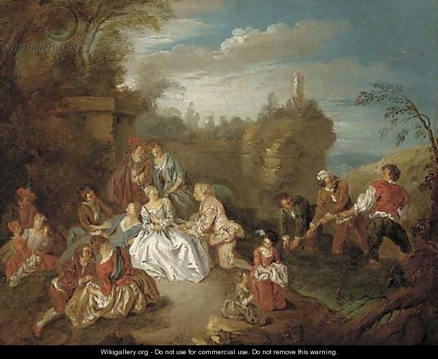A fete champetre with boys fishing in a stream beyond - (after) Jean-Baptiste Joseph Pater