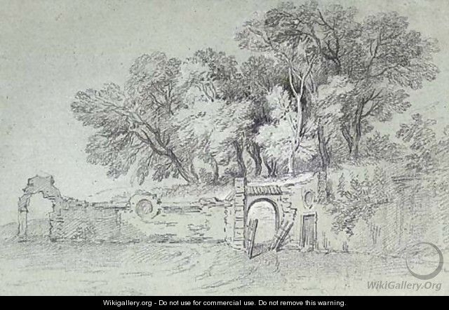 A ruined garden wall by a copse of trees, perhaps in the gardens at Arcueil - (after) Jean-Baptiste Oudry