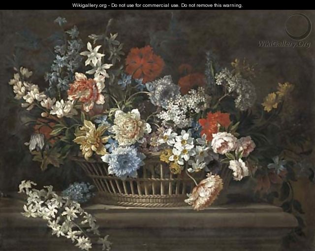 Peonies, narcissi, daffodils and other flowers in a basket on a stone ledge - (after) Jean-Baptiste Monnoyer