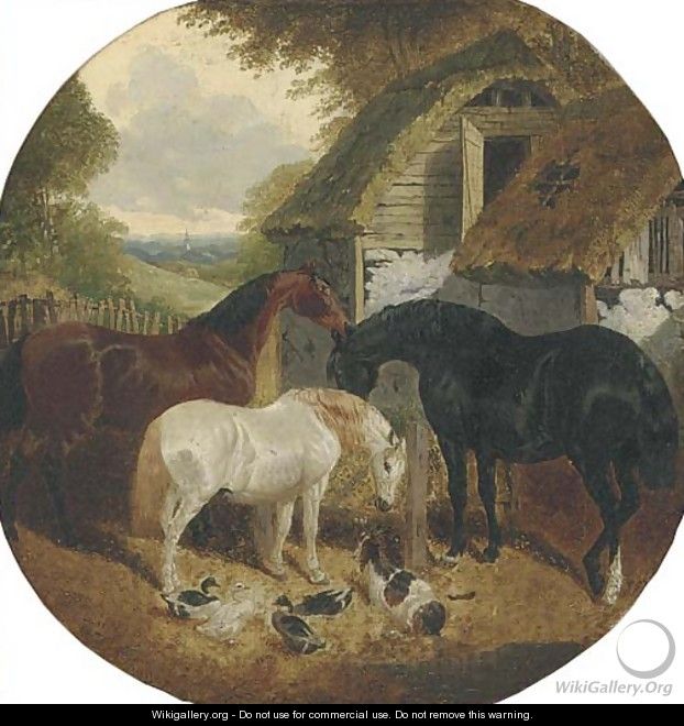 Horses, ducks and a goat, in a farmyard - (after) John Frederick Jnr Herring