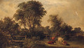 A Wooded River Landscape, With A Gentleman On A Footbridge And Cattle In The Foreground - (after) John F Tennant
