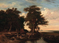 Fishermen on the bank of a river in a wooded landscape - (after) John Berney Crome