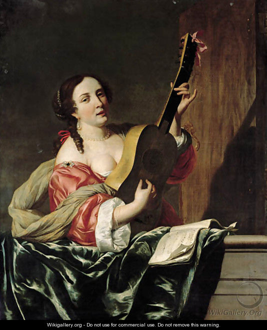 A lady playing a guitar on a balcony - (after) Johannes Van Bronckhorst