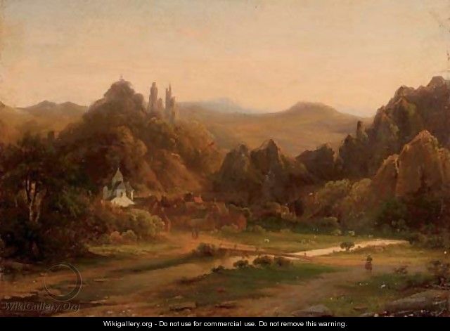 A riverside village in a valley - (after) Johannes Josephus Destree