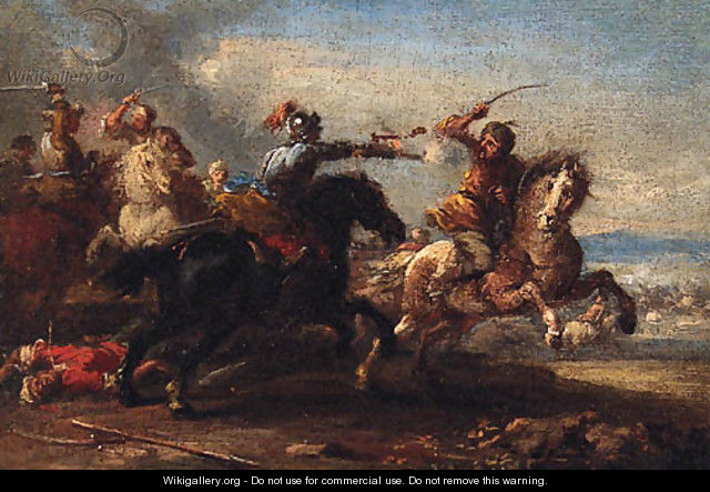A cavalry skirmish between Christians and Turks - (after) Johann-Anton ...