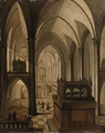 Interior of a Gothic Cathedral with elegant Figures walking in the Nave before a Tomb - (after) Johann Jakob Hoch