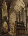 Interior of a Gothic Cathedral with elegant Figures walking in the Nave before a Tomb - (after) Johann Jakob Hoch