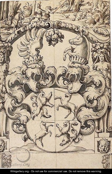 A heraldic shield with rampant lions and unicorns in the quarterings - (after) Hans Jakob Plepp