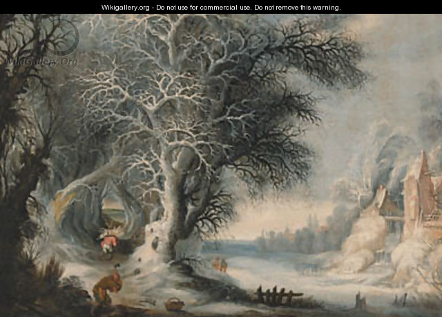 Woodcutters in a winter landscape, a town beyond - (after) Gijsbrecht Leytens