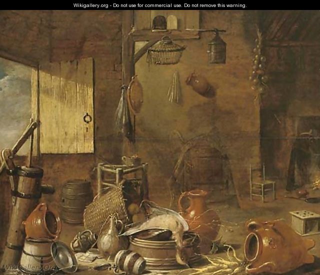 Earthenware, a drake and vegetables in a barn, with a woman cooking at a fire - (after) Govert Dircksz. Camphuysen