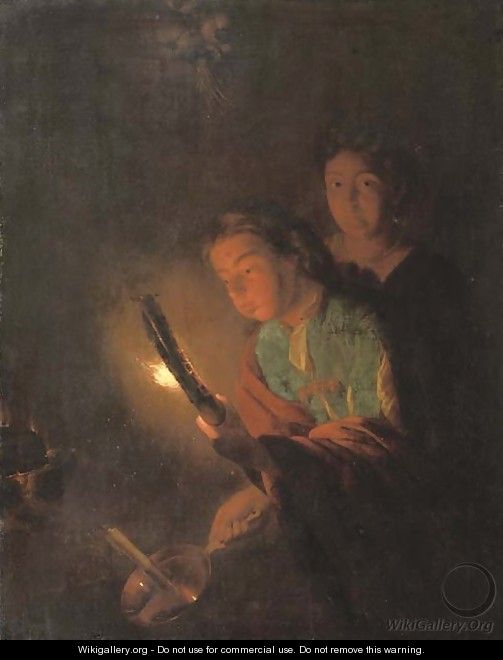 A young man blowing his torch to light a candle - (after) Godfried Schalcken