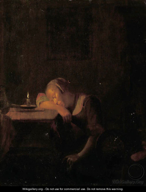 A young girl asleep in an interior by candlelight - (after) Godfried Schalcken