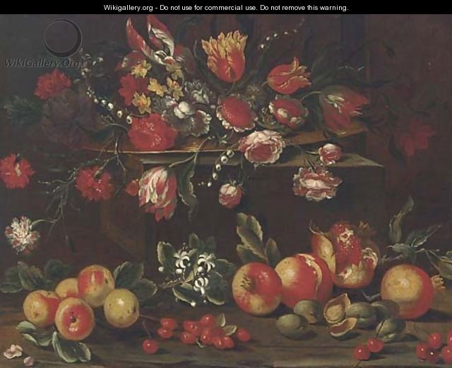 Carnations, tulips, roses, narcissi and other flowers in a dish on a ledge with pomegranates, cherries and nuts below - (after) Giuseppe Recco