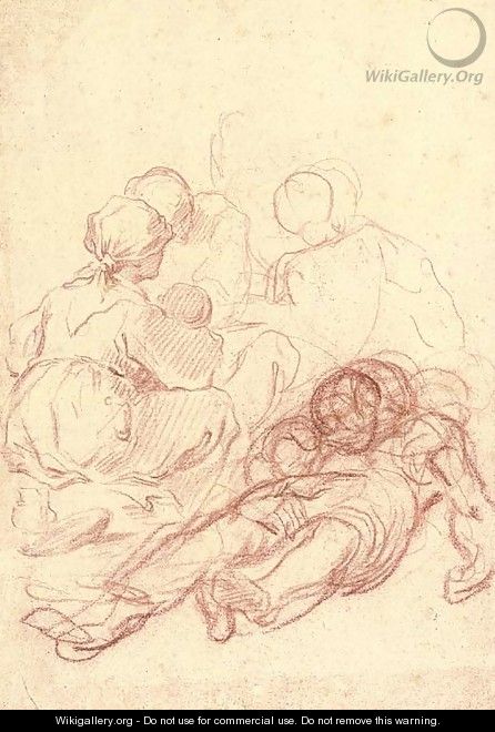 A peasant woman seen from behind, seated by a reclining figure, two others seen beyond - (after) Giulio Carpione