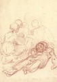 A peasant woman seen from behind, seated by a reclining figure, two others seen beyond - (after) Giulio Carpione