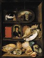 A still life of shells, paintings and books on recessed shelves - (after) Hieronymus II Francken