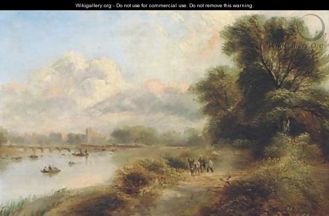 Figures and a donkey on a track by a river, with a bridge and town beyond - (after) Henry Jutsum