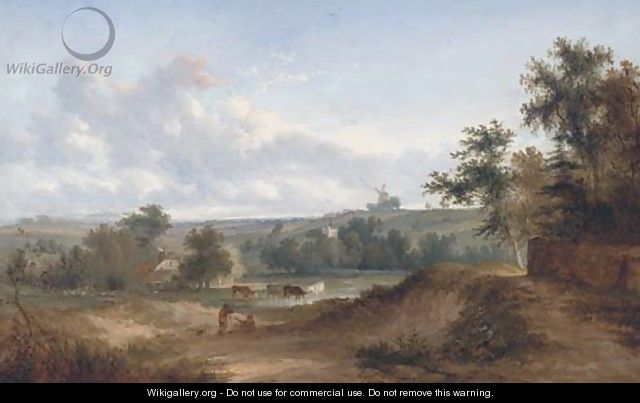 Drovers resting in an extensive landscape, a windmill beyond - (after) Henry John Boddington