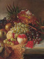 Grapes, peaches, apples, gooseberries, and pineapples on a wicker mat on a stone ledge - (after) Henry George Todd