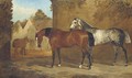 A bay and a grey hunter in a courtyard, with a groom leading another horse to a stable - (after) Henry Barraud