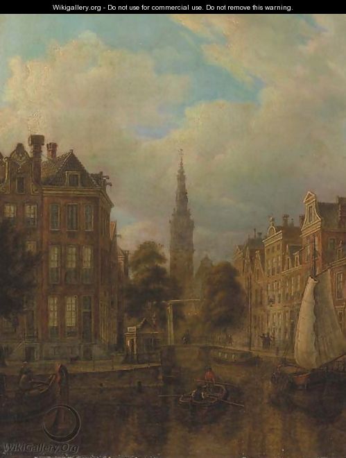 A view of a canal, Amsterdam with the Zuiderkerk towering - (after) Hendrik Van Oort