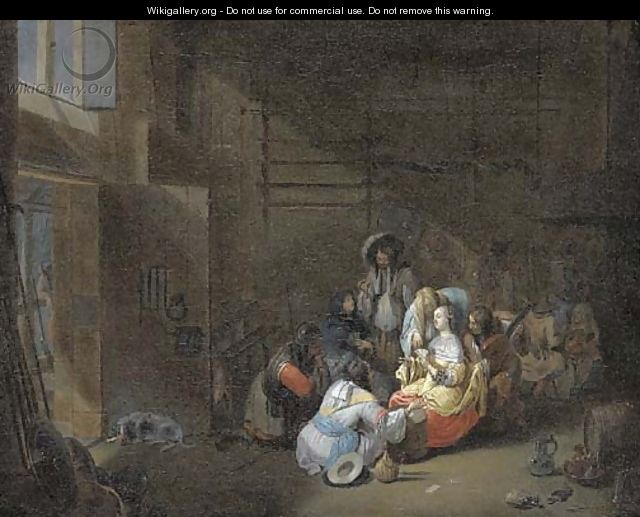 The interior of a guard room with women and soldiers playing cards - (after) Hendrick Verschuring