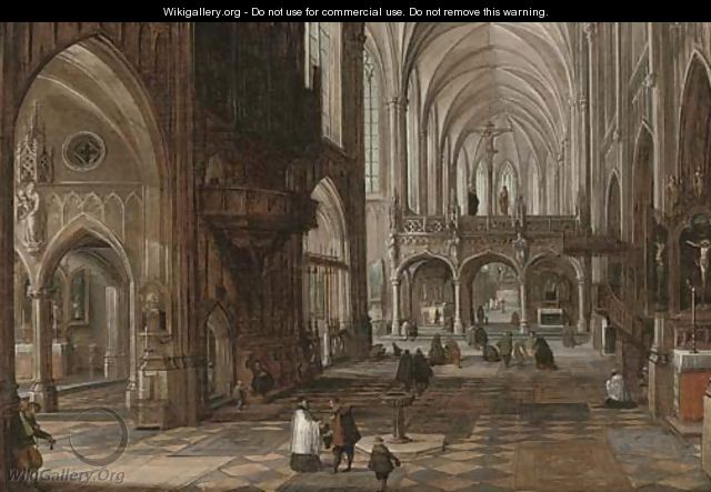 The interior of a gothic cathedral with figures - (after) Hendrick Van Steenwijck II