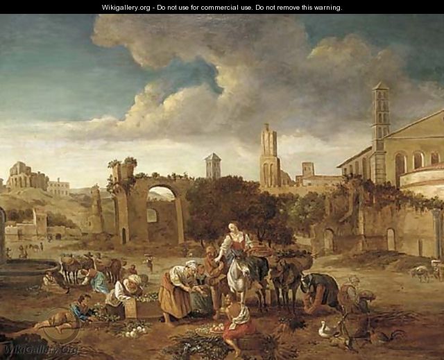 A Roman capriccio with a market amongst classical ruins - (after) Hendrick Mommers