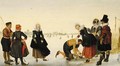 Elegant ladies and gentlemen taking to the ice on a frozen river with skaters and a town beyond - (after) Hendrick Avercamp